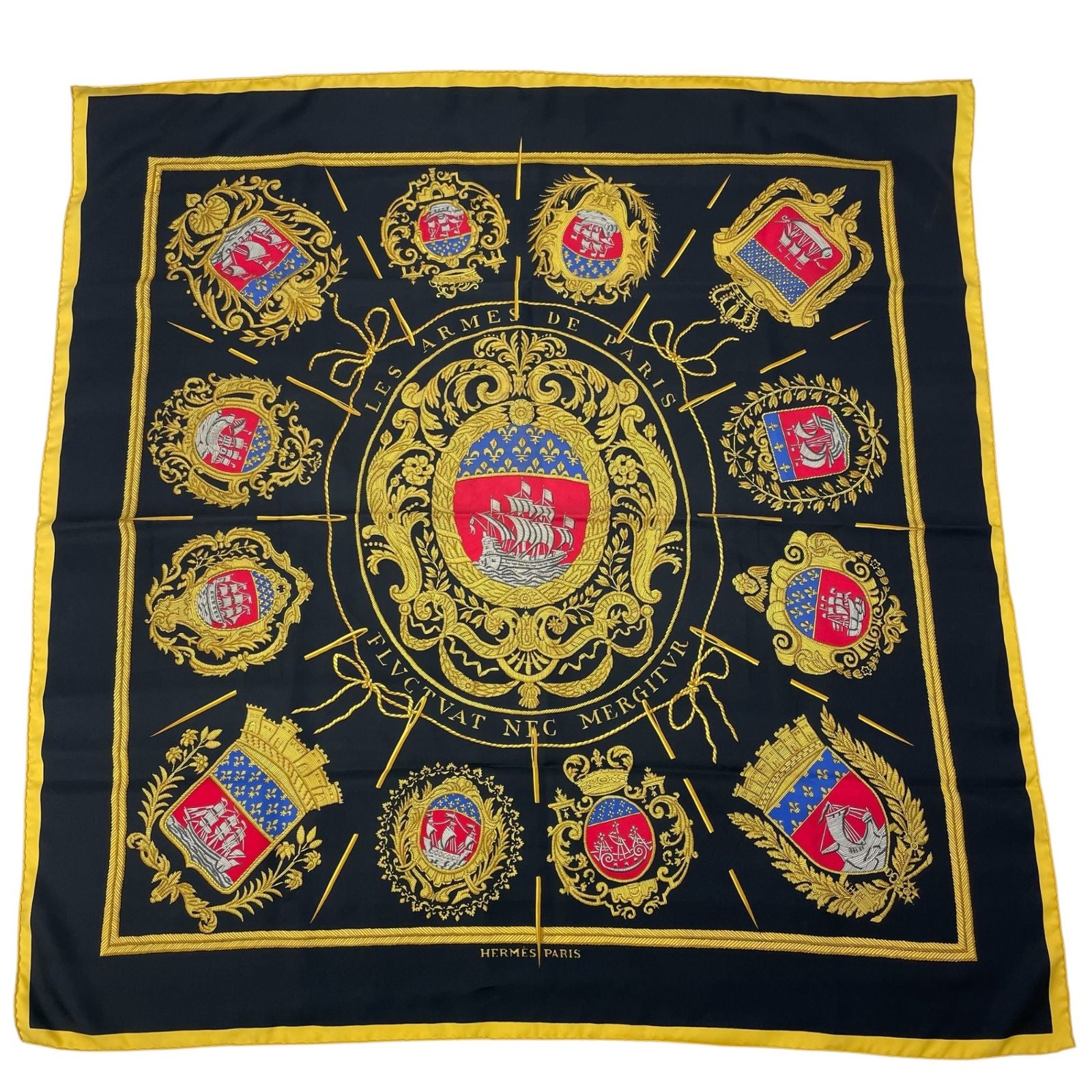 Hermes Scarf Silk Carre 90 Coat of Arms of Paris Black