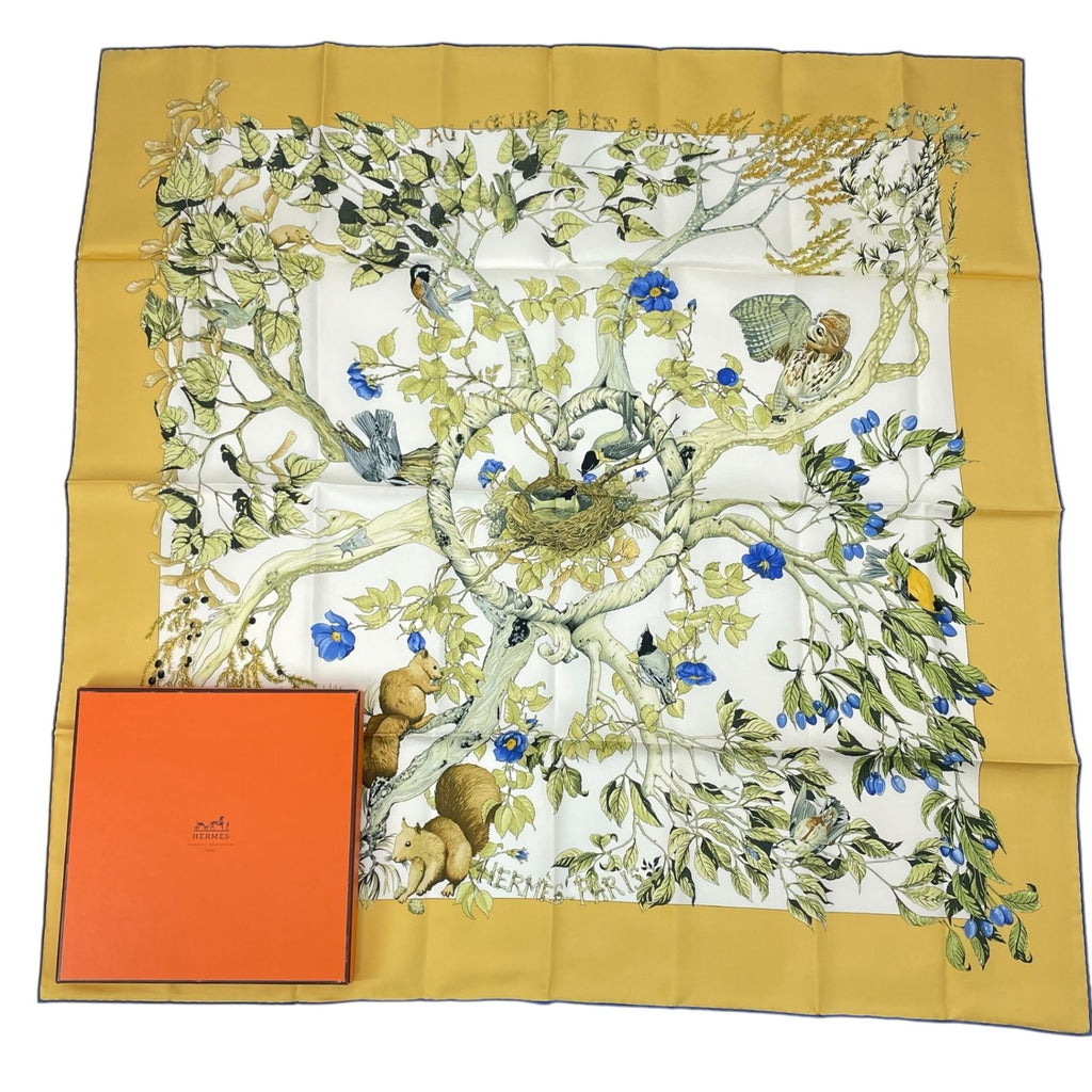 Hermes Carre 90 Silk 100% Scarf AU Coeur Des Bois in the Forest Yellow — view 2