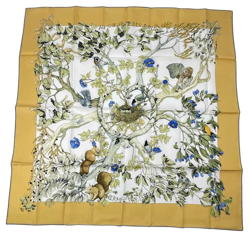 Hermes Carre 90 Silk 100% Scarf AU Coeur Des Bois in the Forest Yellow