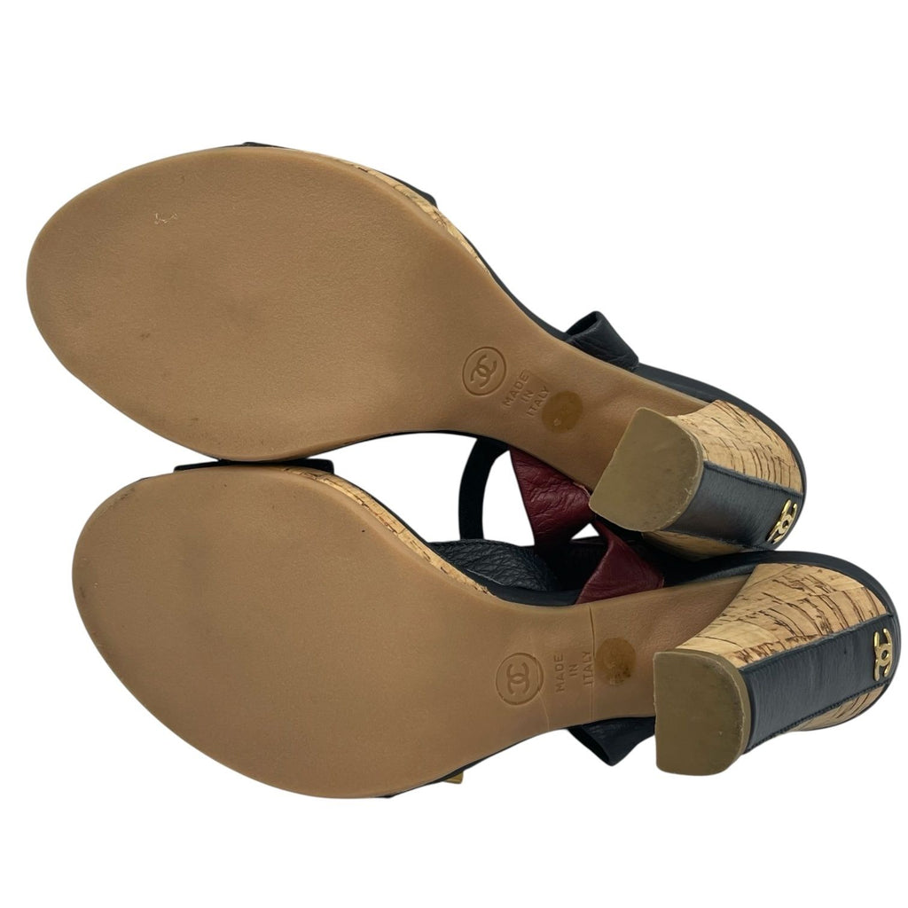 Chanel Sandals Leather Cork Heels Gold CC Logo Navy Bordeaux — view 9