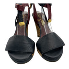 Chanel Sandals Leather Cork Heels Gold CC Logo Navy Bordeaux — view 5