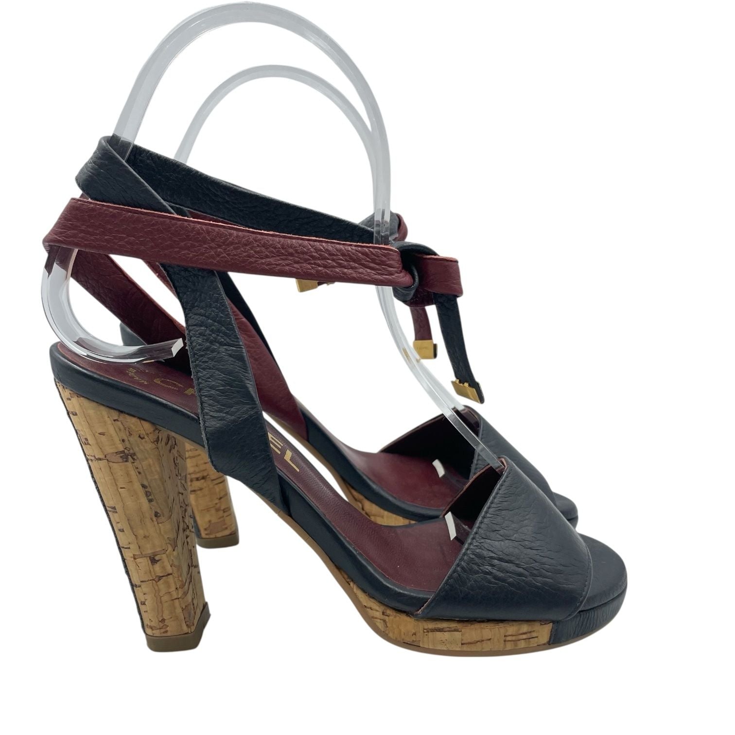 Chanel Sandals Leather Cork Heels Gold CC Logo Navy Bordeaux — view 3