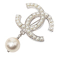 Chanel CC Logo Brooch Silver Metal Faux Pearl