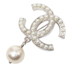 Chanel CC Logo Brooch Silver Metal Faux Pearl