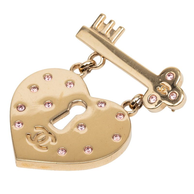 Chanel CC Logo Heart Lock Key Brooch Gold Pink Plated Rhinestone