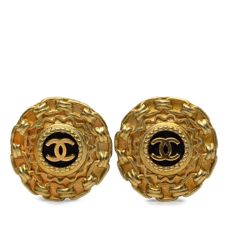 Chanel CC Logo Vintage Earrings Gold Black Plated