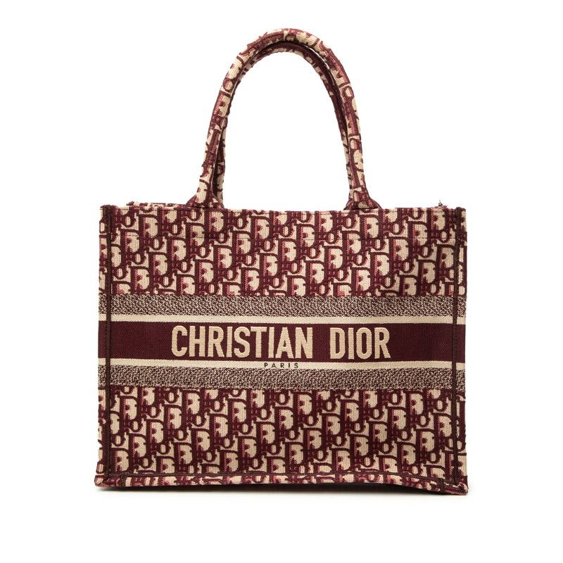 Dior Oblique Embroidered Book Tote Shoulder Bag Wine Red Beige Canvas