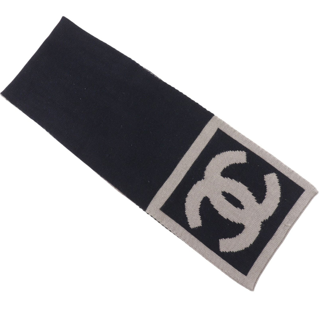 Chanel CC Logo Wool Silk Black Gray Scarf
