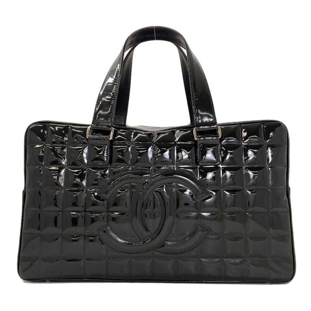 Chanel Choco Bar CC Logo Silver Tote Patent Leather
