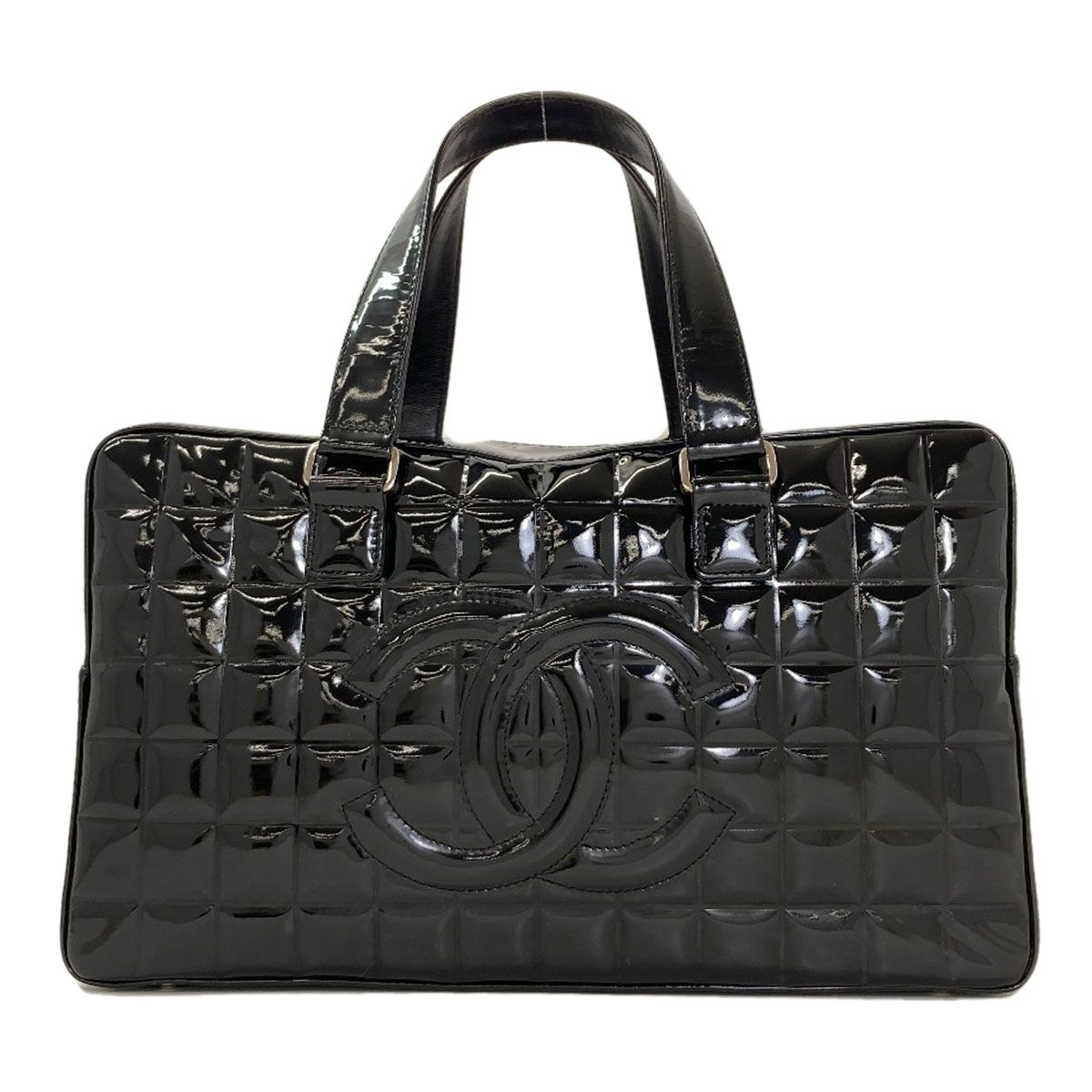 Chanel Choco Bar CC Logo Silver Tote Patent Leather