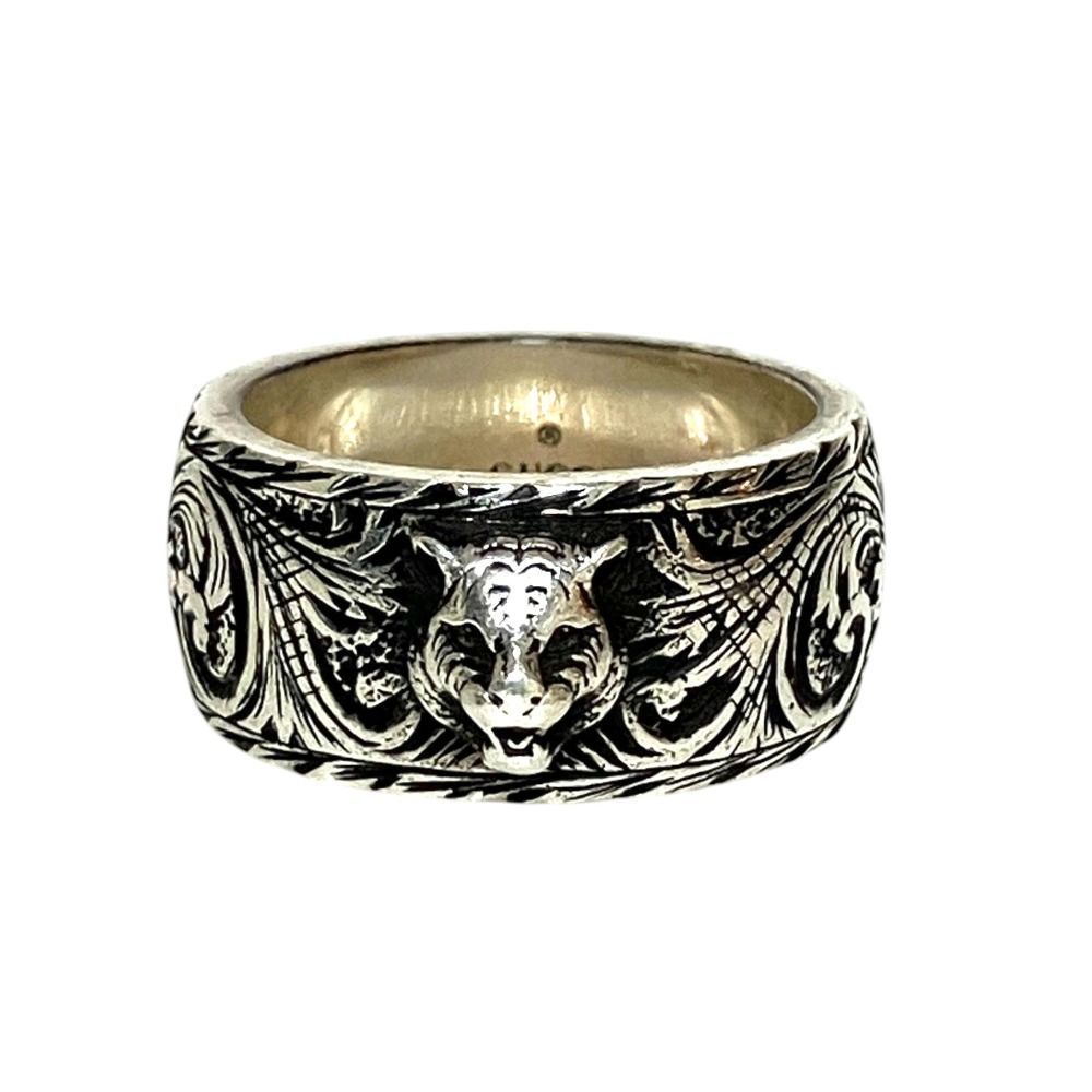 Gucci GG Tiger Head Arabesque Ring 925 Sterling Silver Pre Owned