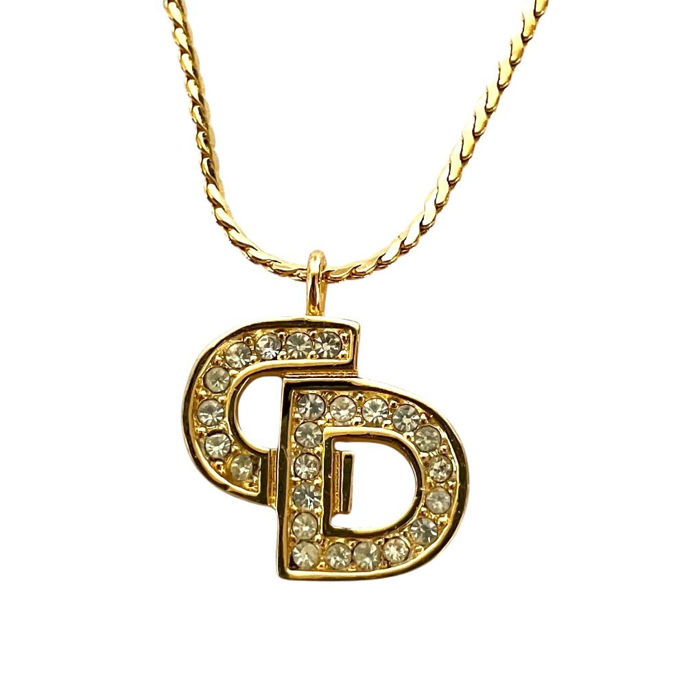 Dior Vintage Logo Rhinestone Necklace Gold Plated Pre Owned