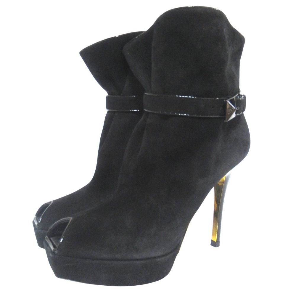 Louis Vuitton Suede Leather Open Toe High Heels Ankle Boots Short 35 Black