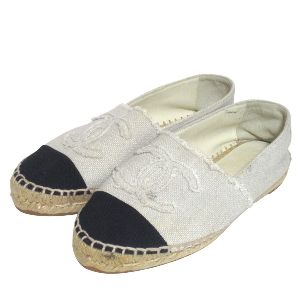 Chanel CC Logo Espadrille Shoes 36 Ivory Black Pre Owned