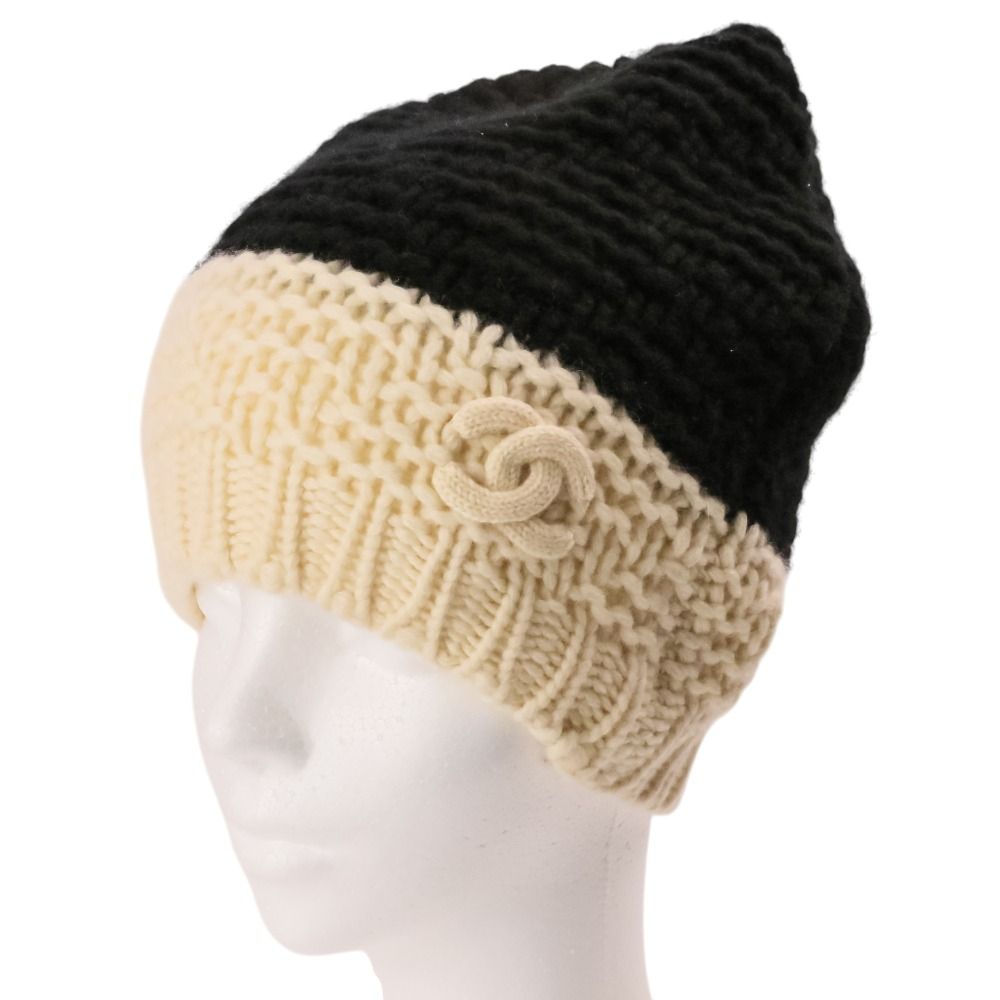 Chanel CC Logo Bicolor Cashmere Knit Beanie Black White Pre Owned — view 3