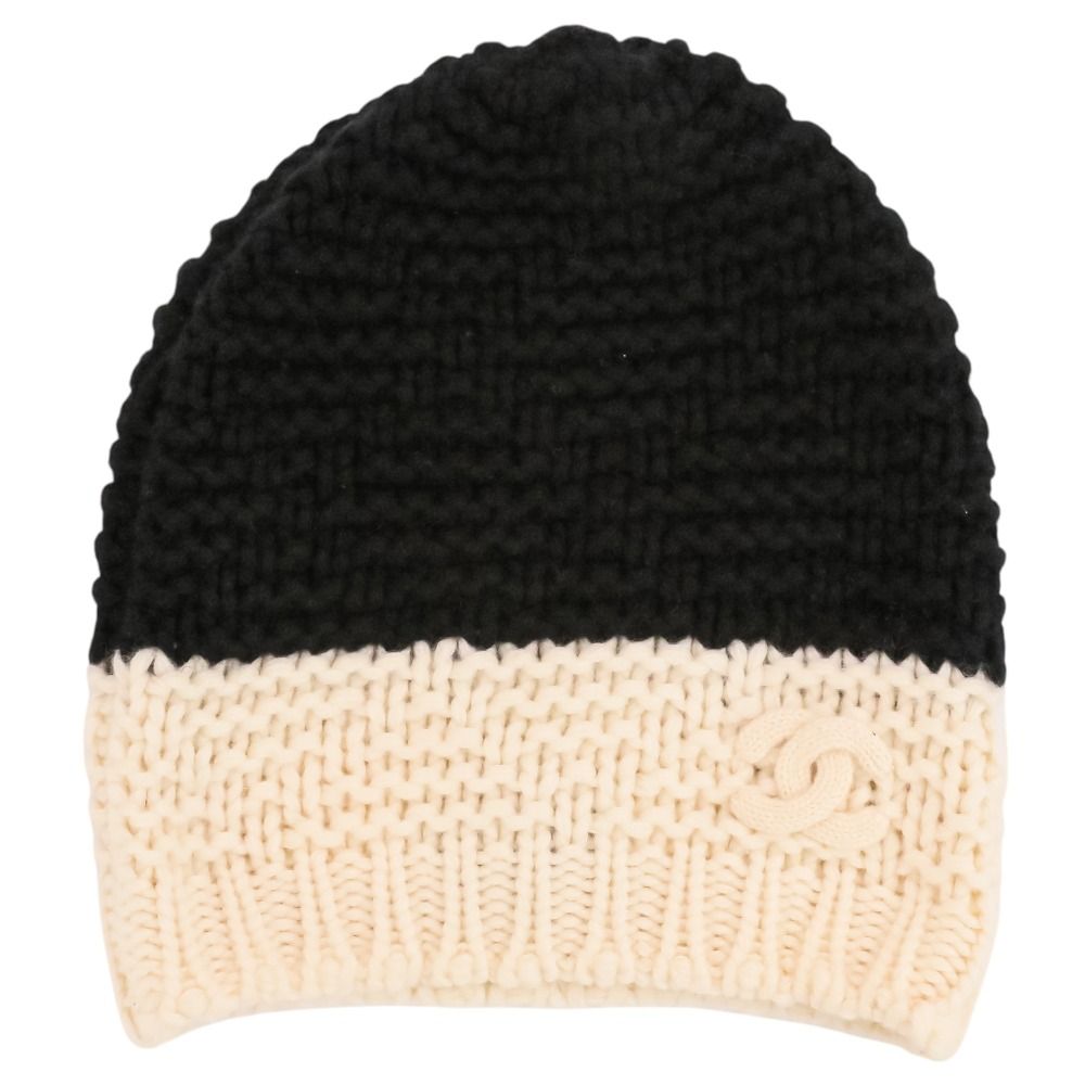 Chanel CC Logo Bicolor Cashmere Knit Beanie Black White Pre Owned
