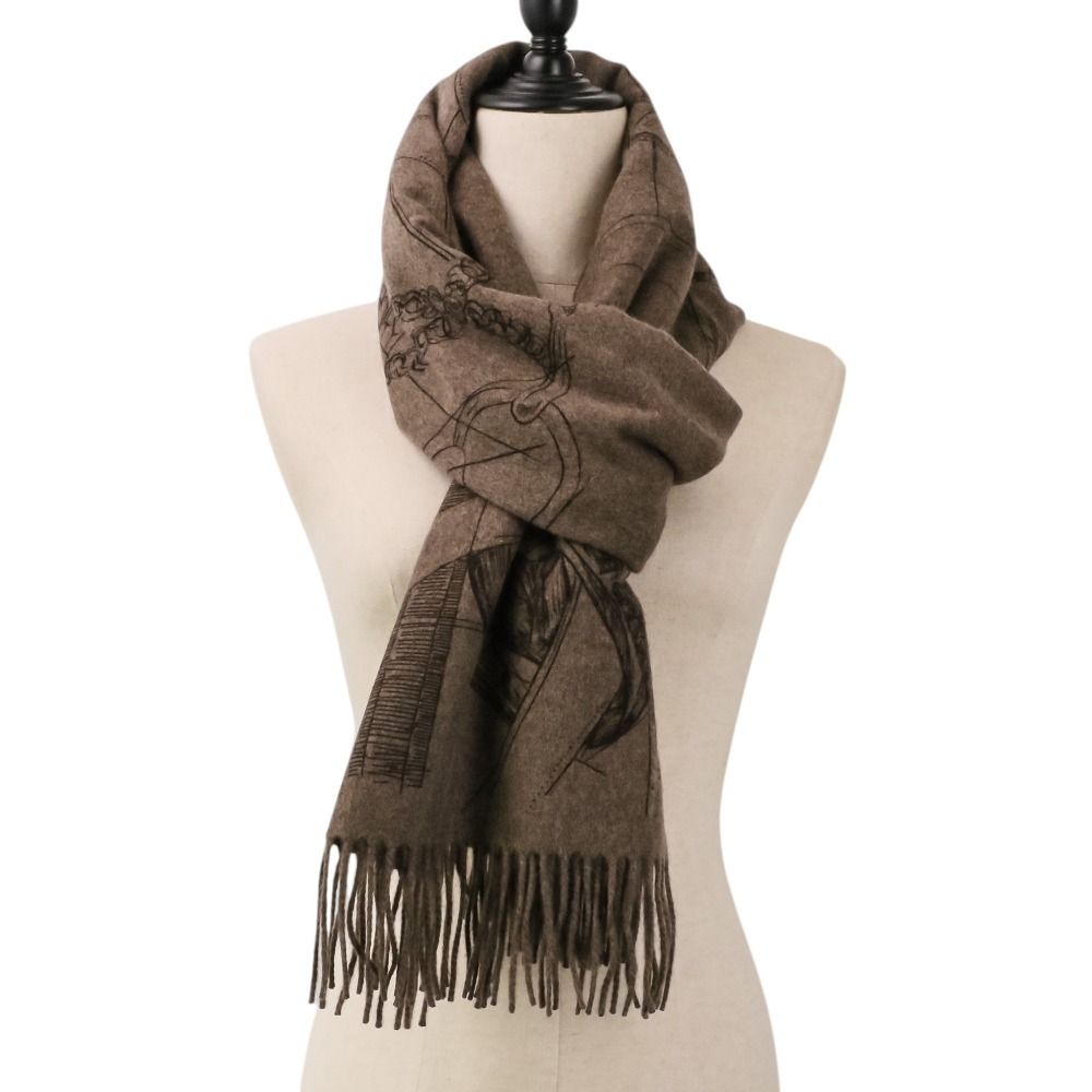 Hermes Cavalcade-l'esquisse Cashmere Fringed Shawl Etoupe Brown Pre Owned Scarf — view 8