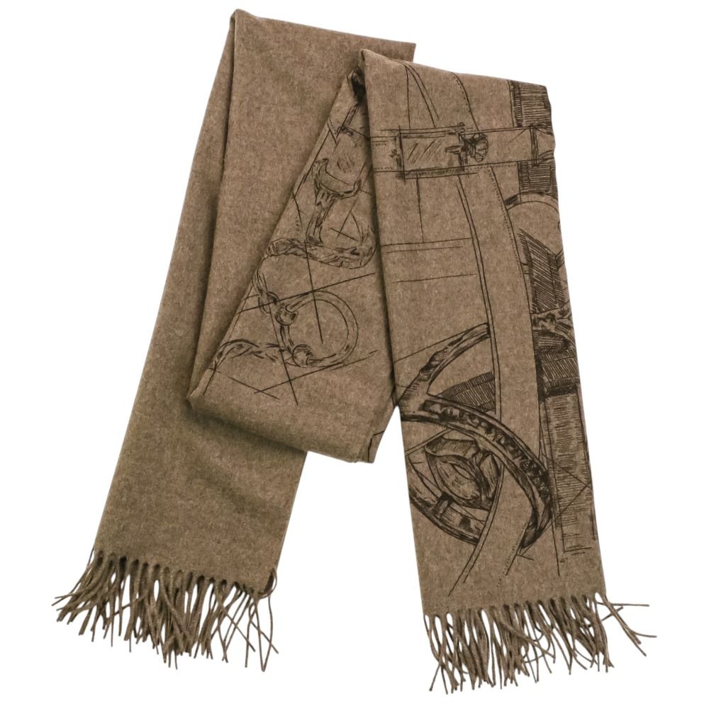 Hermes Cavalcade-l'esquisse Cashmere Fringed Shawl Etoupe Brown Pre Owned Scarf — view 4