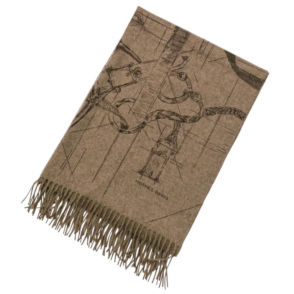 Hermes Cavalcade-l'esquisse Cashmere Fringed Shawl Etoupe Brown Pre Owned Scarf
