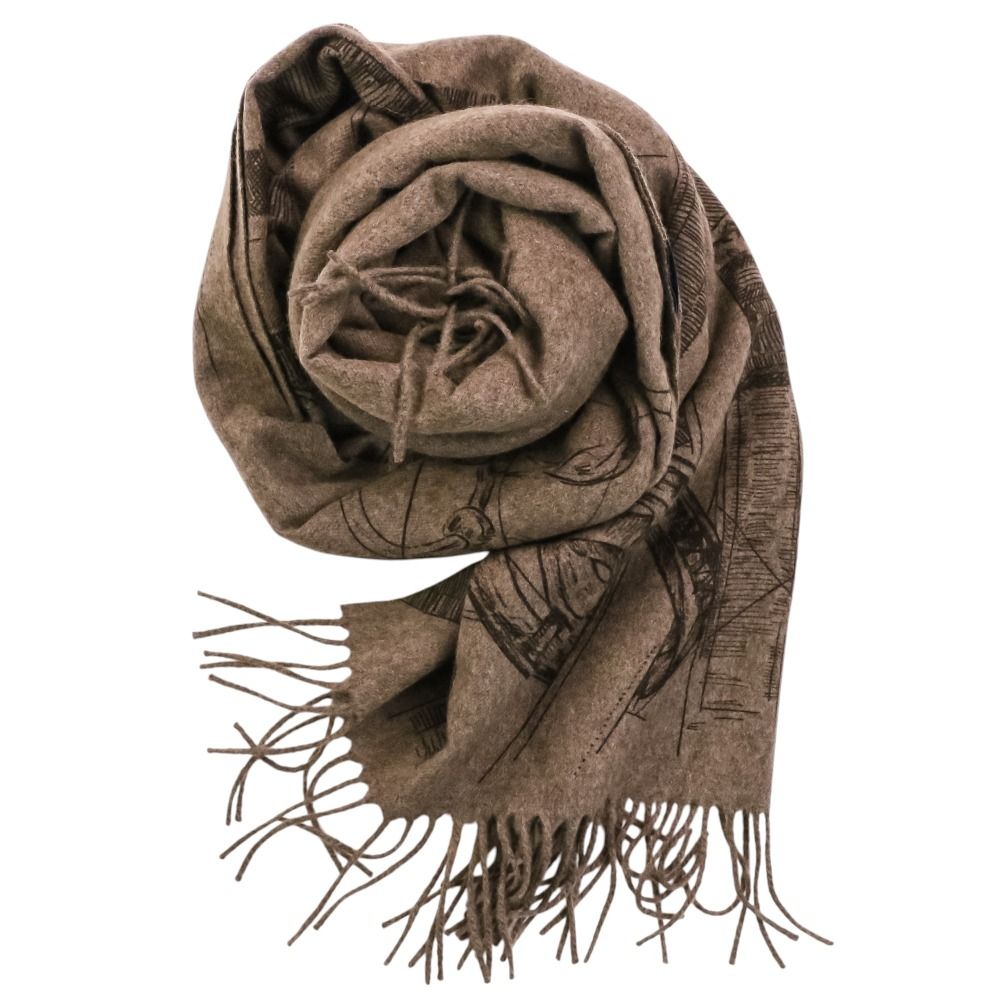Hermes Cavalcade-l'esquisse Cashmere Fringed Shawl Etoupe Brown Pre Owned Scarf — view 5