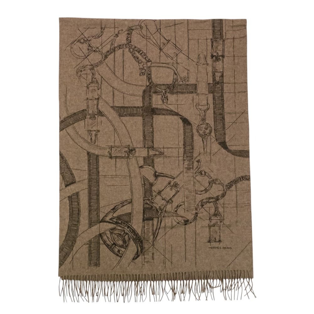 Hermes Cavalcade-l'esquisse Cashmere Fringed Shawl Etoupe Brown Pre Owned Scarf — view 2
