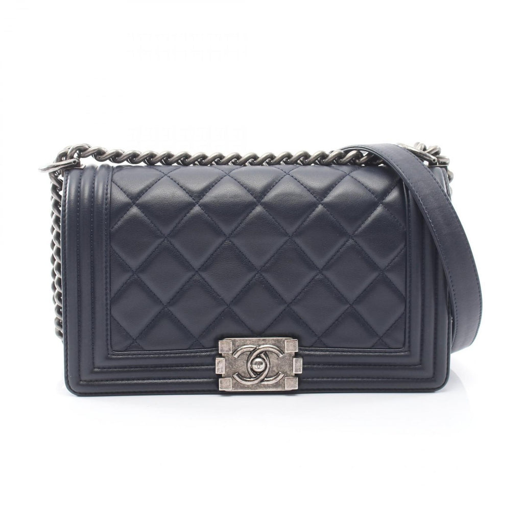 Chanel Shoulder Bag Boy Antique Silver Navy Lambskin Boy Chain