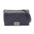 Chanel Shoulder Bag Boy Antique Silver Navy Lambskin Boy Chain