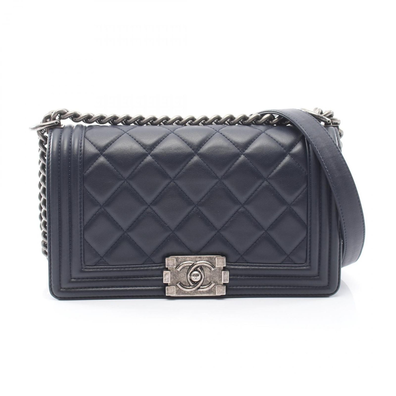 Chanel Shoulder Bag Boy Antique Silver Navy Lambskin Boy Chain