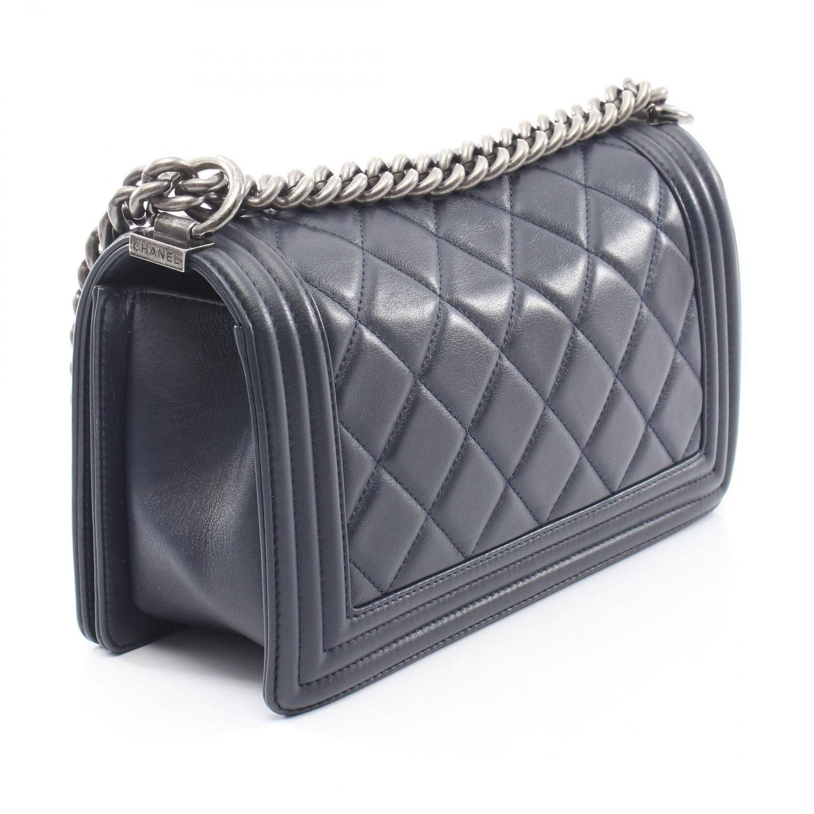 Chanel Shoulder Bag Boy Antique Silver Navy Lambskin Boy Chain — view 2