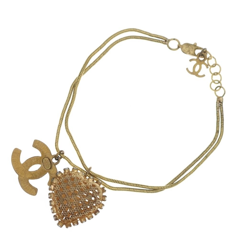 Chanel Heart CC Logo Rhinestone Bracelet Gold — view 2
