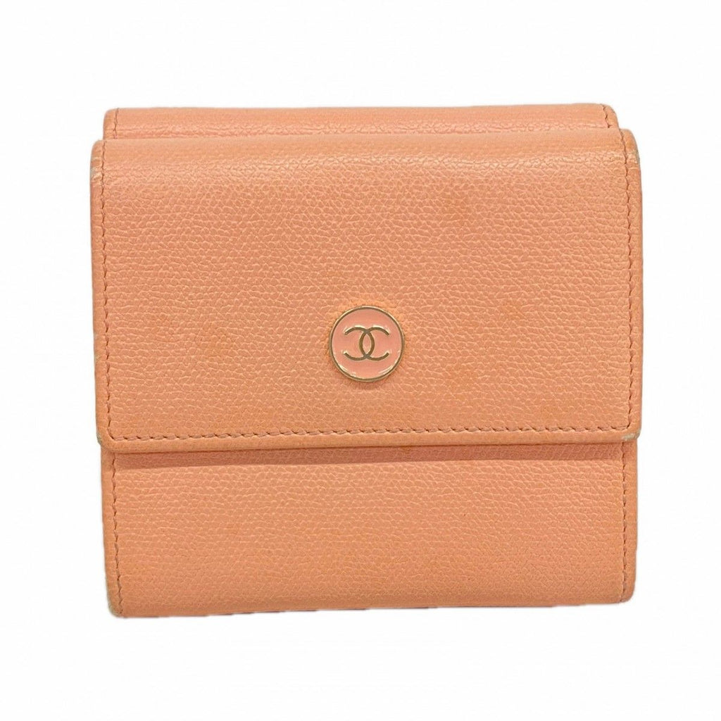 Chanel Trifold Wallet Coco Button Leather Pink Gold