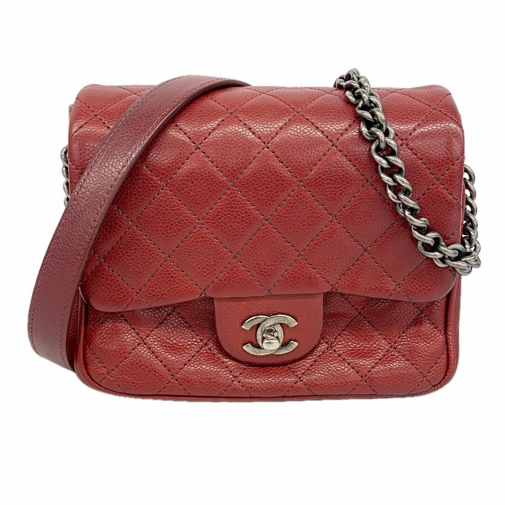Chanel Shoulder Bag Mini Quilted Caviar Leather Bordeaux Silver