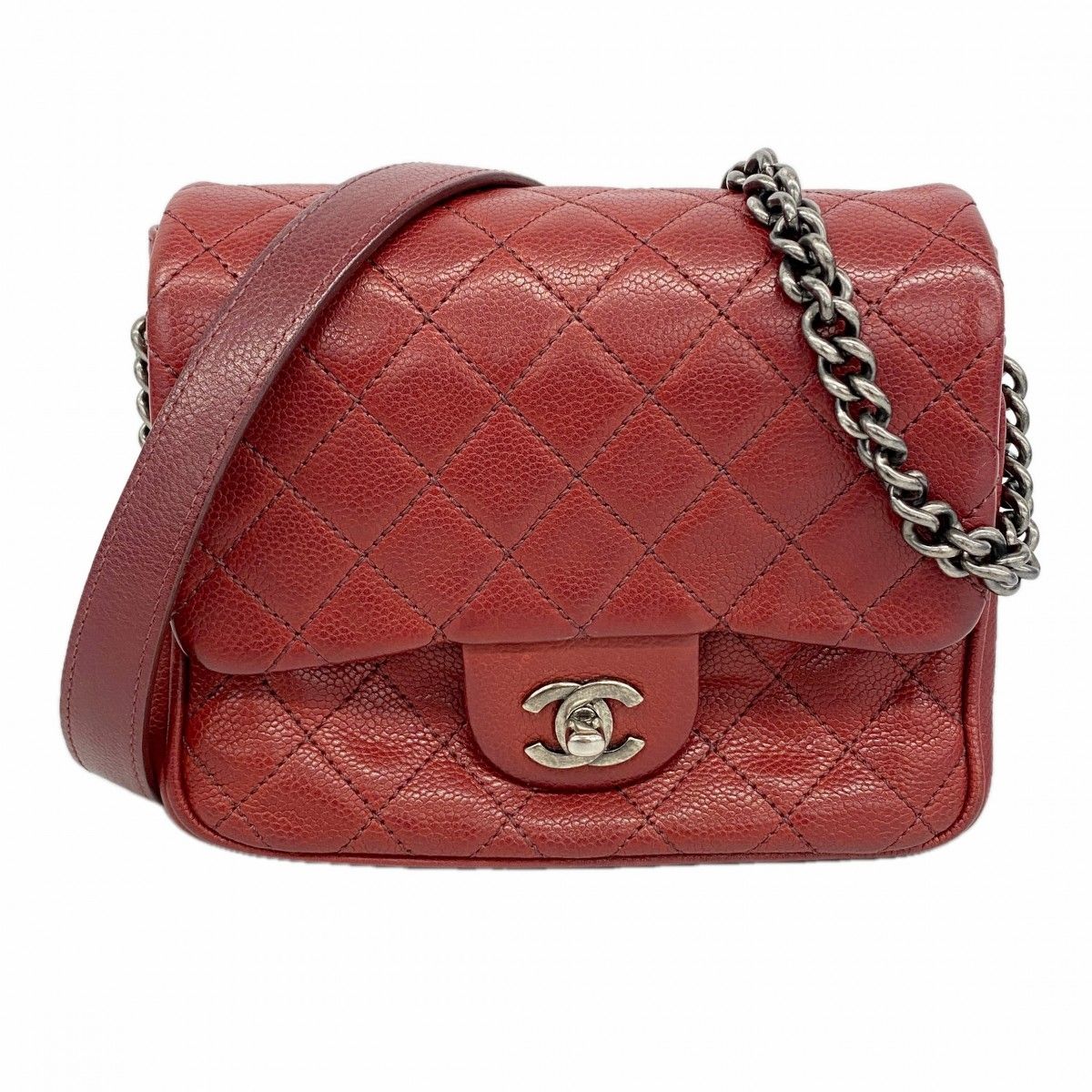 Chanel Shoulder Bag Mini Quilted Caviar Leather Bordeaux Silver