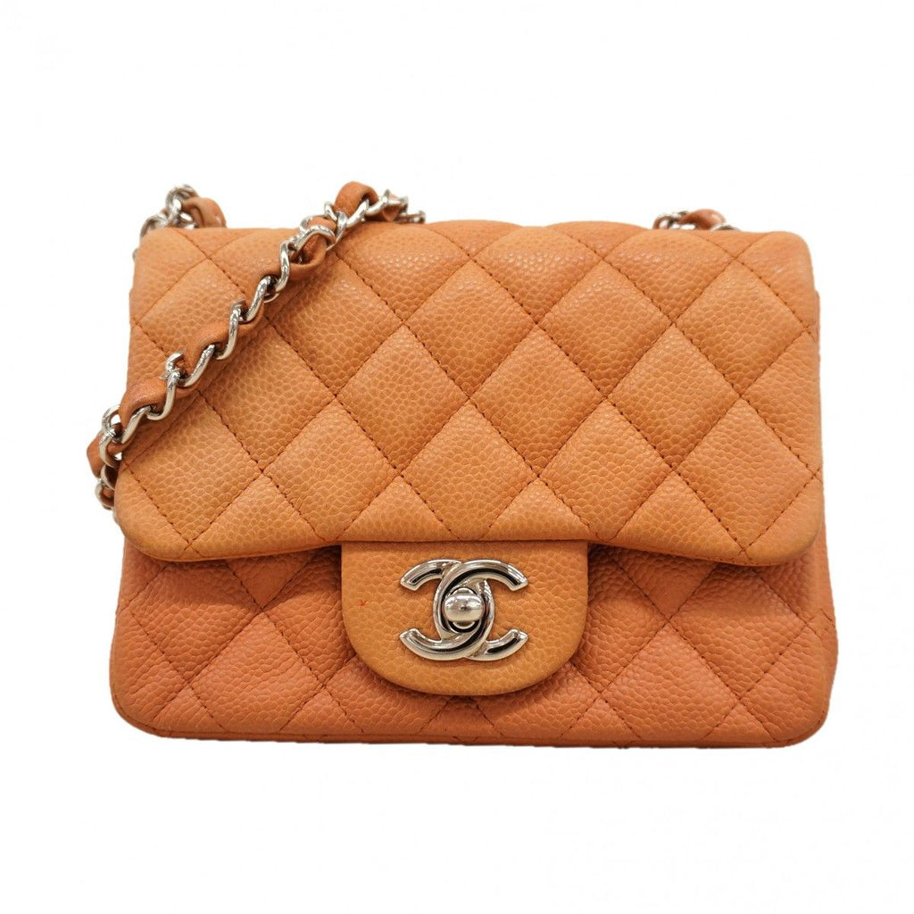 Chanel Shoulder Bag Mini Quilted Caviar Leather Brown Silver
