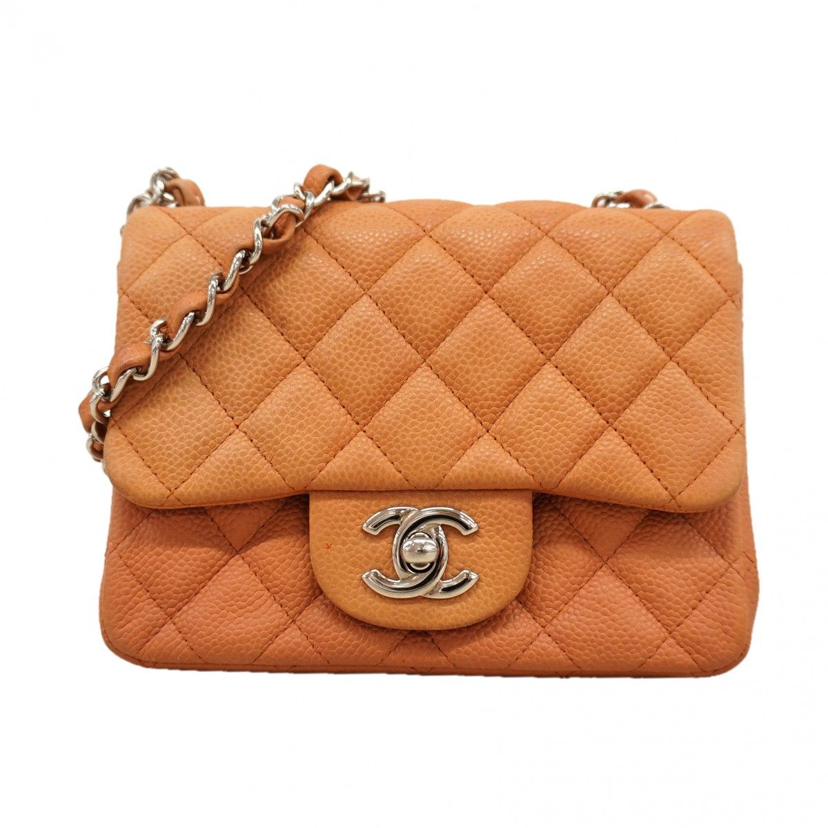 Chanel Shoulder Bag Mini Quilted Caviar Leather Brown Silver