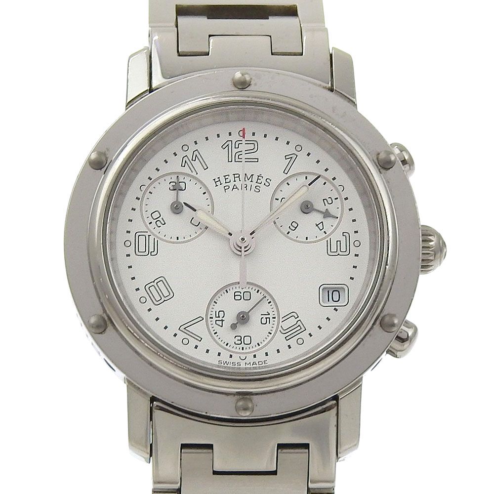 Hermes Clipper Stainless Steel Quartz Chronograph Watch with White Dial