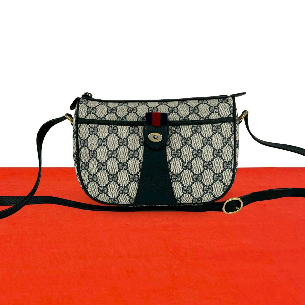 Gucci Vintage Sherry Line GG Logo Pattern Leather Shoulder Bag Pochette Navy