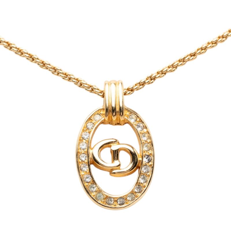 Dior CD Logo Oval Chain Pendant Gold Plated Rhinestone