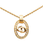 Dior CD Logo Oval Chain Pendant Gold Plated Rhinestone