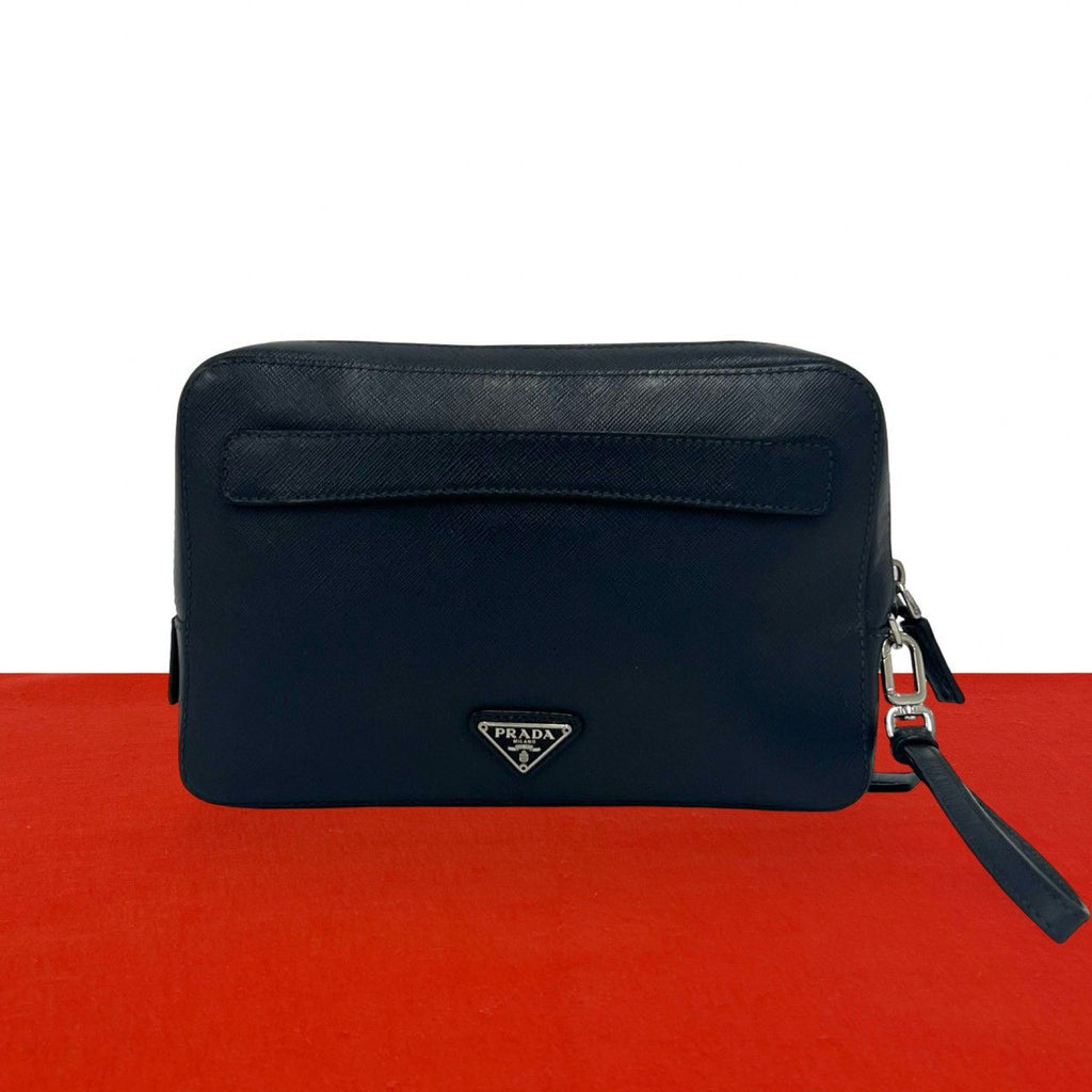 Prada Triangle Logo Saffiano Leather Clutch Pouch Navy