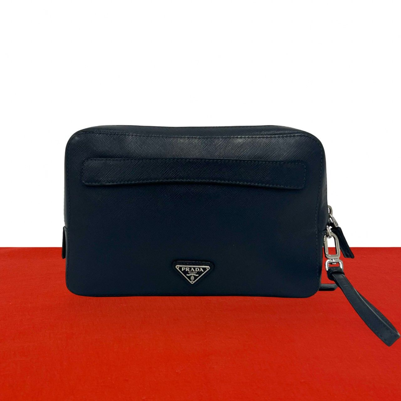 Prada Triangle Logo Saffiano Leather Clutch Pouch Navy
