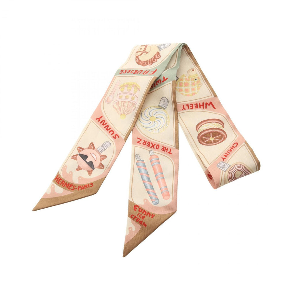 Hermes Scarf Twill Funny Ice Cream Ribbon Beige Silk
