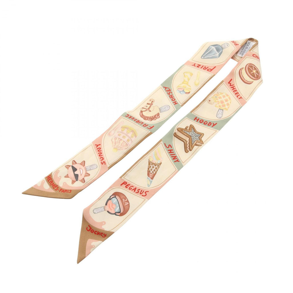 Hermes Scarf Twill Funny Ice Cream Ribbon Beige Silk — view 2