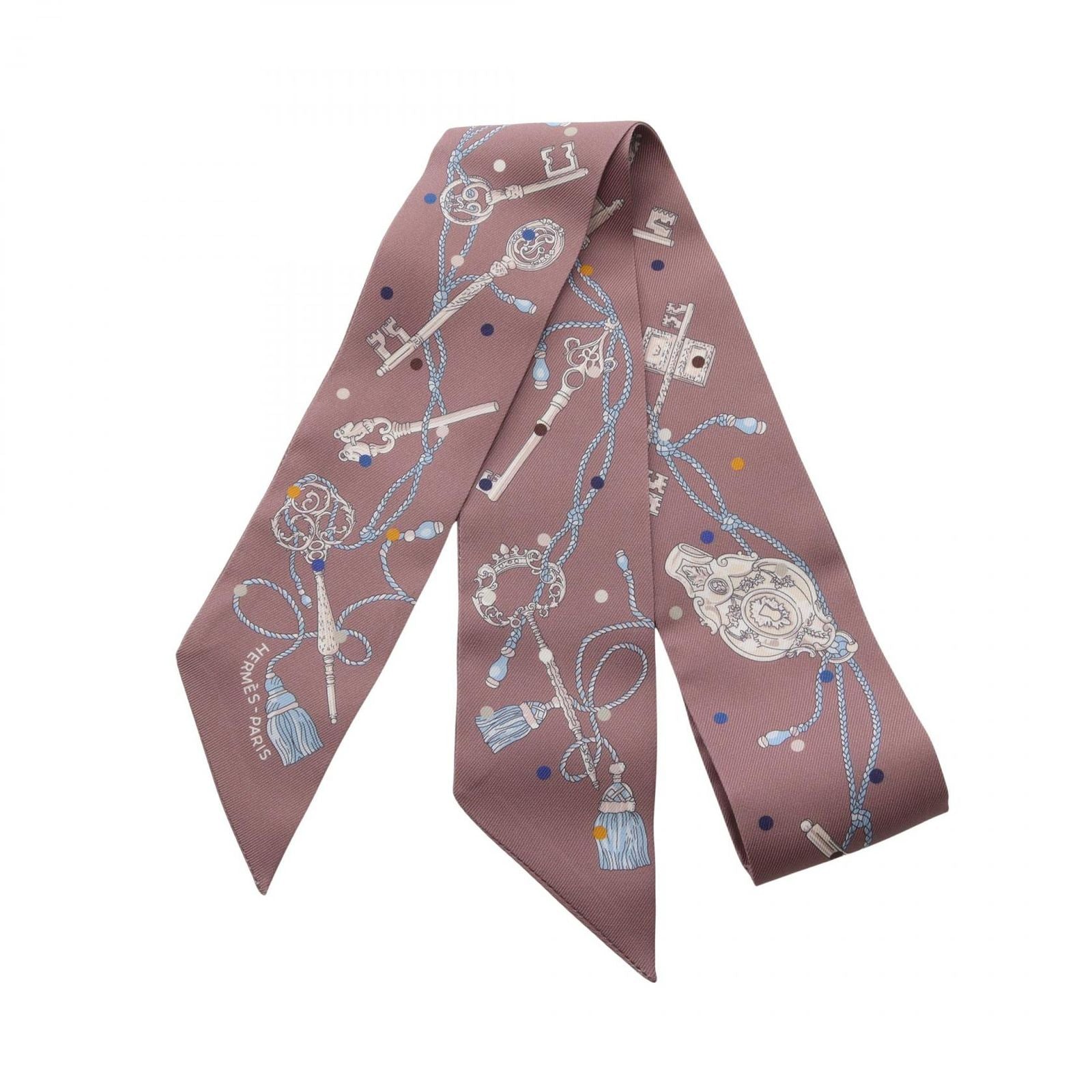 Hermes Scarf Twill les Cles a Pois Ribbon Brown Glace Silk