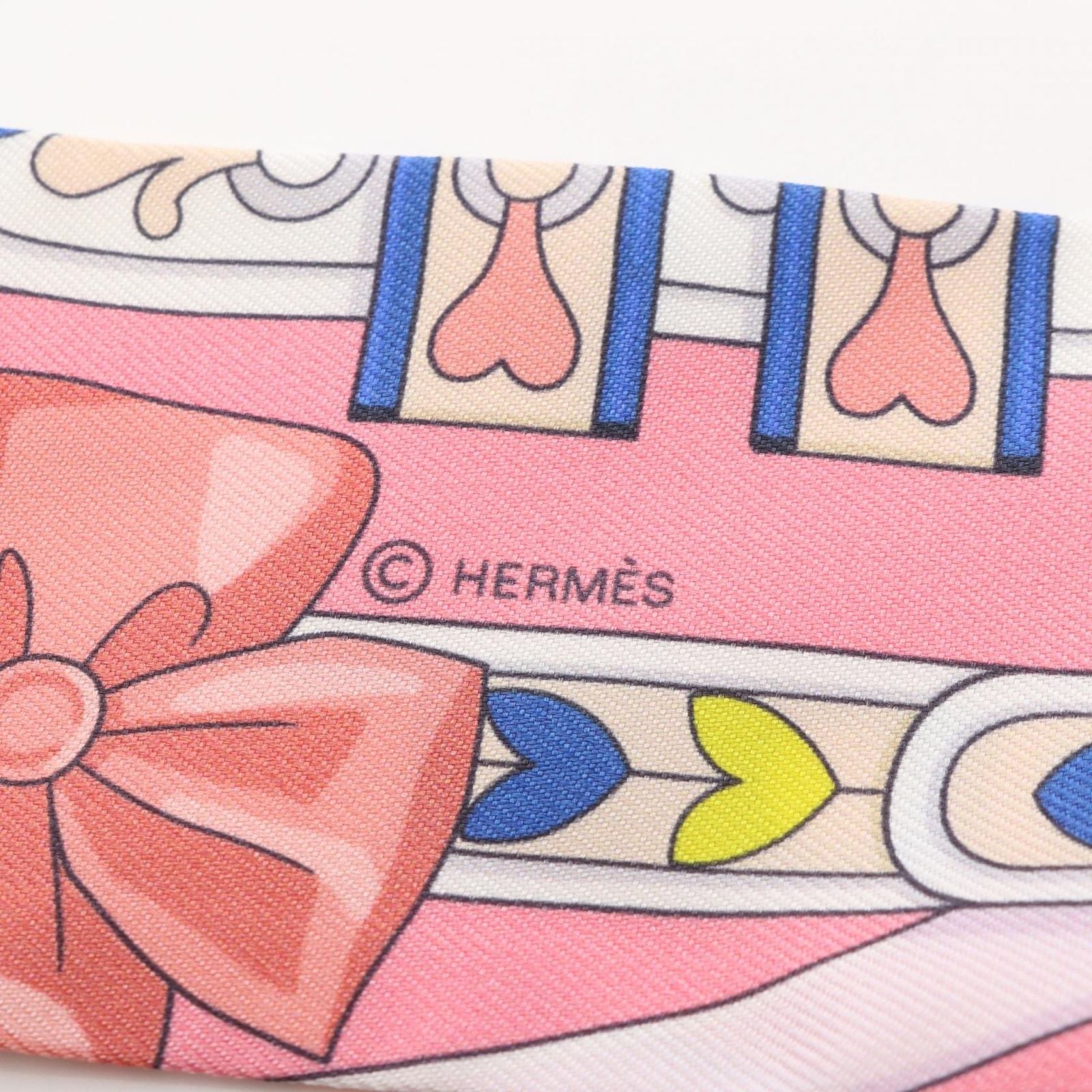 Hermes Scarf Twill Harnais de Coeur Ribbon Pink Silk — view 4