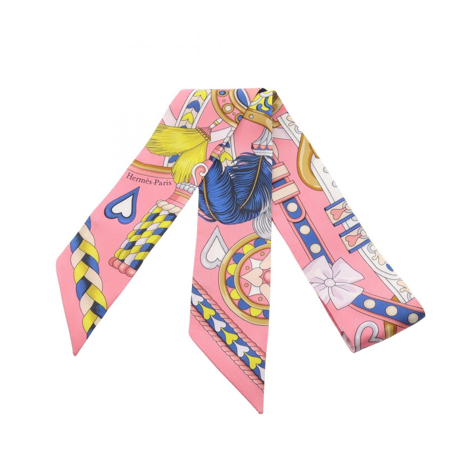 Hermes Scarf Twill Harnais de Coeur Ribbon Pink Silk