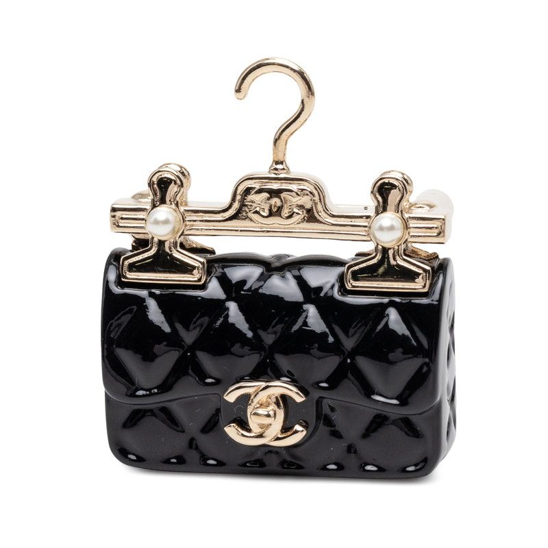 Chanel CC Logo Quilted Motif Brooch 23 Black Metal Plastic Faux Pearl
