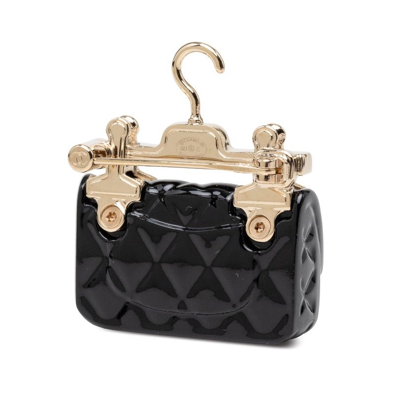 Chanel CC Logo Quilted Motif Brooch 23 Black Metal Plastic Faux Pearl — view 2