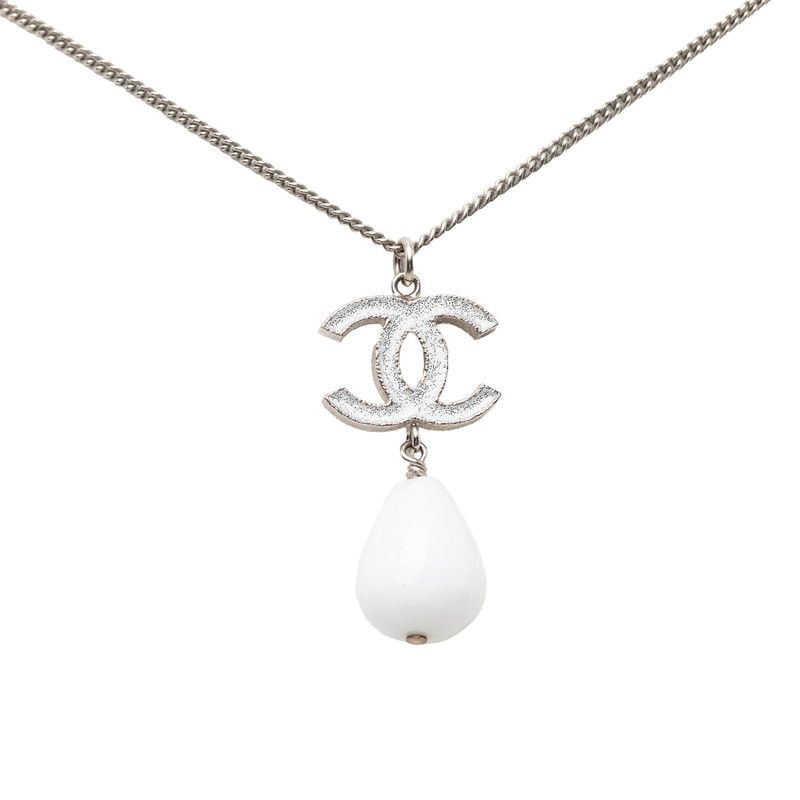 Chanel CC Logo Teardrop Chain Pendant 10 Silver White Metal Plastic