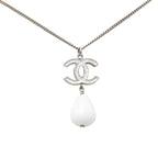 Chanel CC Logo Teardrop Chain Pendant 10 Silver White Metal Plastic